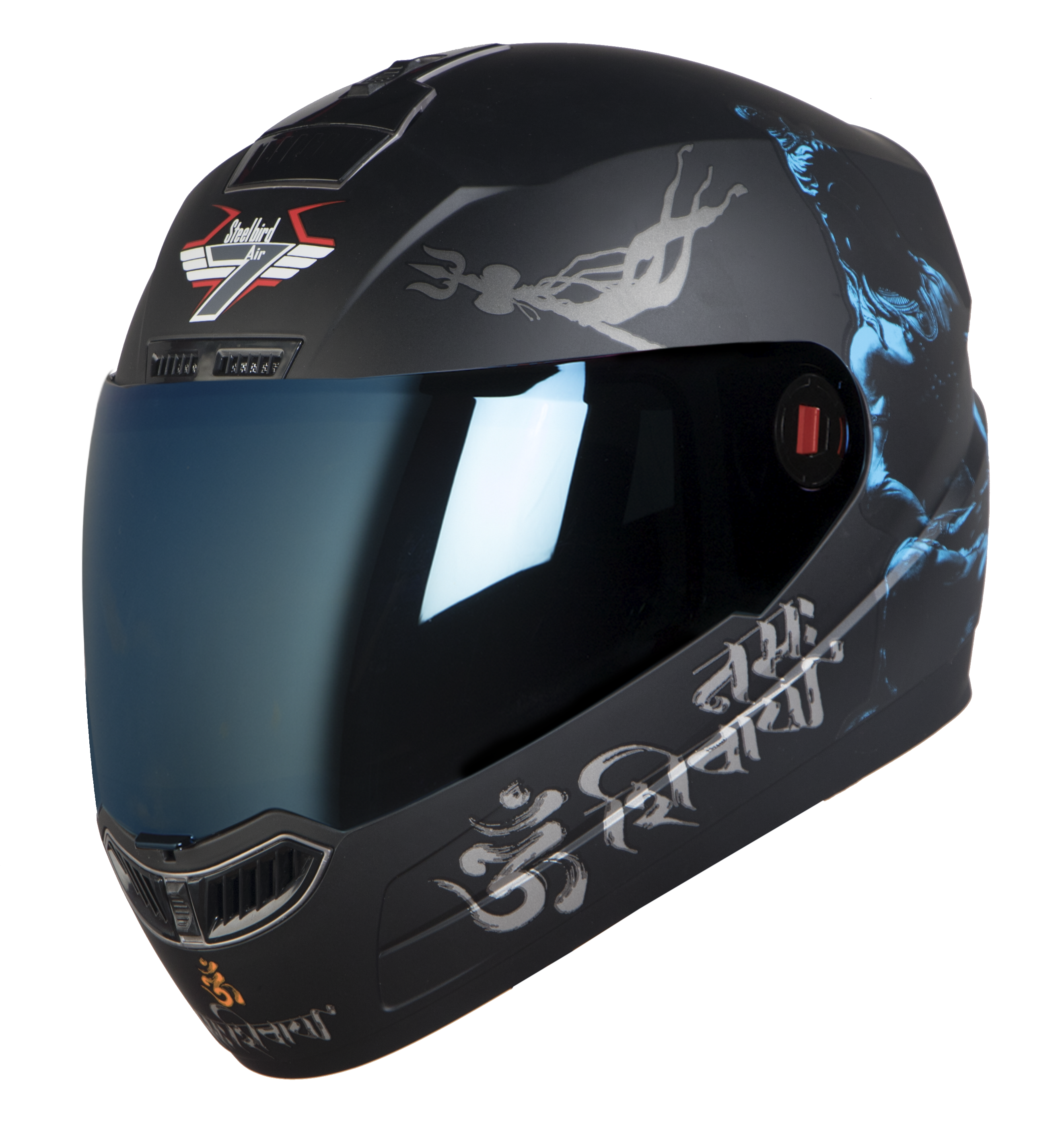 Steelbird SBA-1 Mahadev Full Face ISI Certified Graphic Helmet (Matt Black Blue With Chrome Blue Visor)